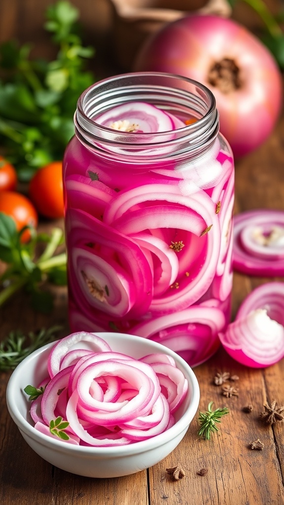 A jar of pickled red onions in vinegar, with spices, on a wooden table.